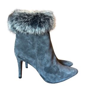 Antonio Melani Gray Suede Fur Trim Heeled Boots Size 7.5